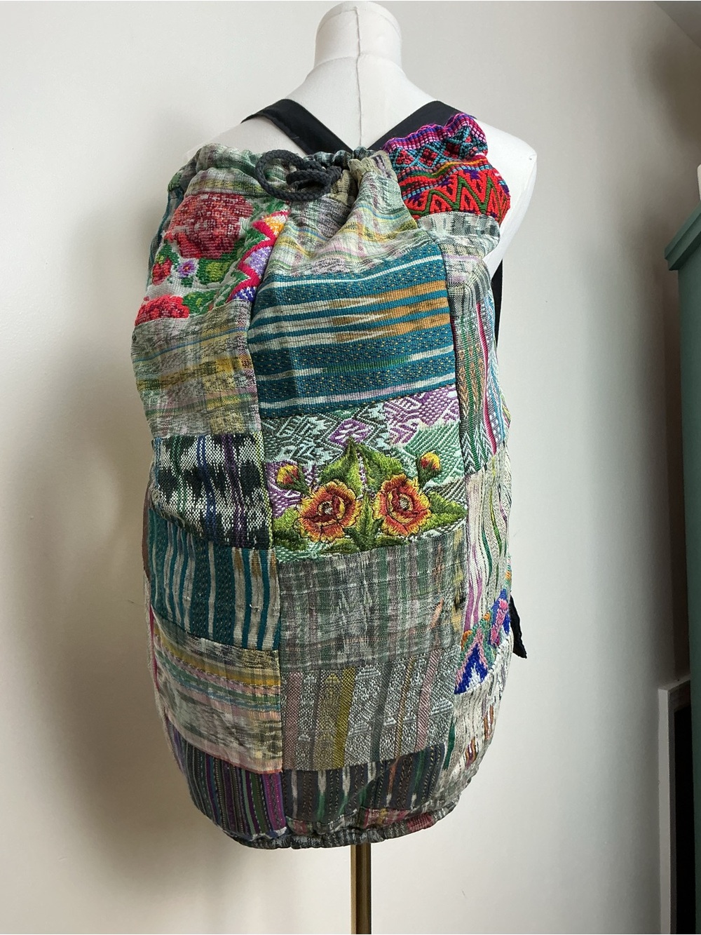 Gypsy Guatemalan Patchwork Drawstring Backpack Indigenous Mayan Textiles